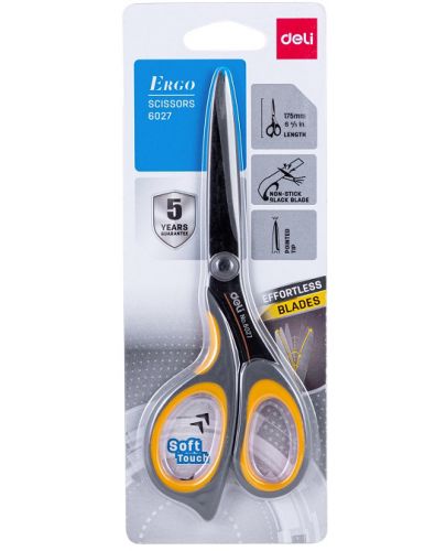 DELI ERGO SCISSORS 17.5CM NON-STICK BLACK BLADE EFFORTLESS BLADES 6027